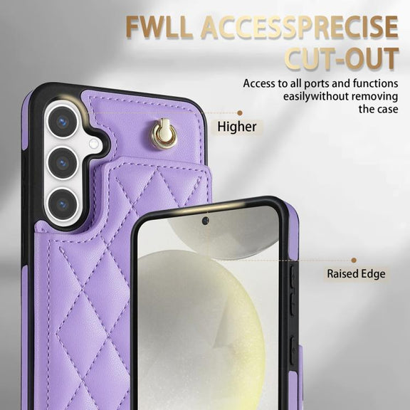 For Samsung Galaxy S25 5G Rhombic Dual Buckle Card Slots Phone Case with Lanyard(Purple)