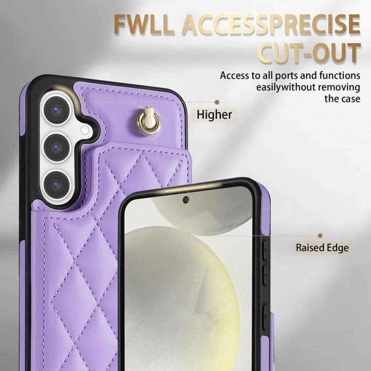 For Samsung Galaxy S25 5G Rhombic Dual Buckle Card Slots Phone Case with Lanyard(Purple)