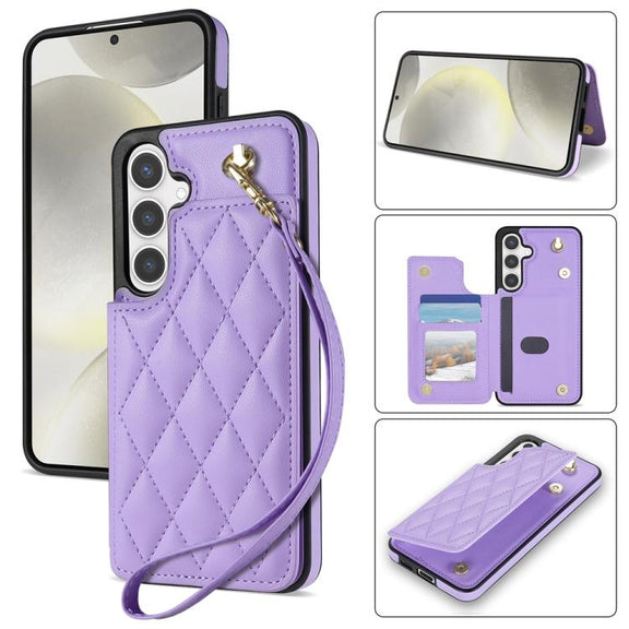 For Samsung Galaxy S25 5G Rhombic Dual Buckle Card Slots Phone Case with Lanyard(Purple)