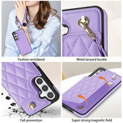 For Samsung Galaxy S25 5G Rhombic Dual Buckle Card Slots Phone Case with Lanyard(Purple)
