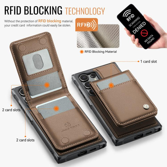 For Samsung Galaxy S25 Ultra 5G JEEHOOD J06 British Style RFID MagSafe Card Bag PU Phone Case(Brown)