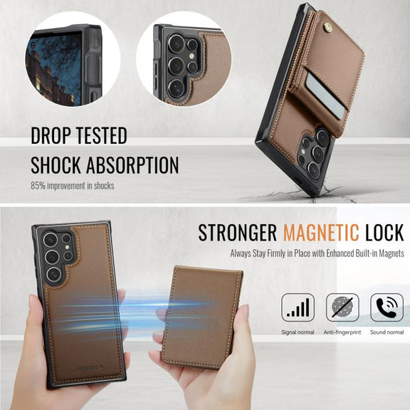 For Samsung Galaxy S25 Ultra 5G JEEHOOD J06 British Style RFID MagSafe Card Bag PU Phone Case(Brown)