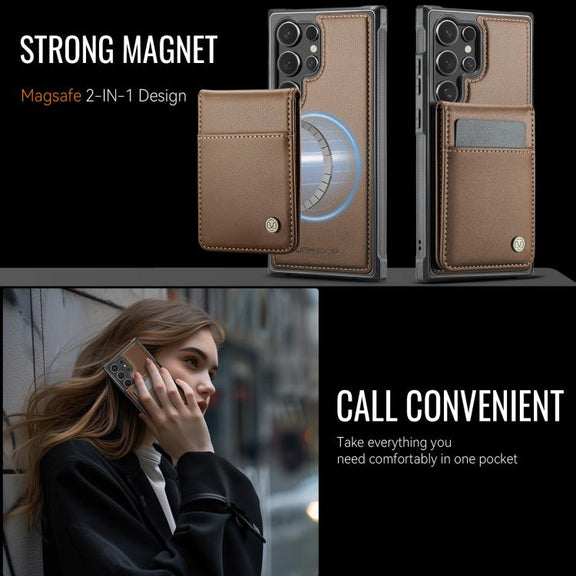 For Samsung Galaxy S25 Ultra 5G JEEHOOD J06 British Style RFID MagSafe Card Bag PU Phone Case(Brown)