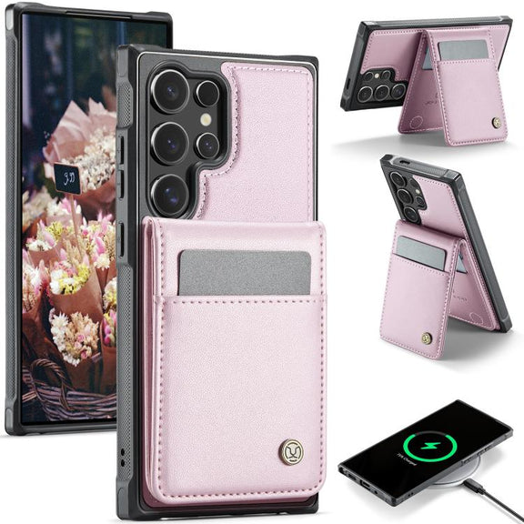 For Samsung Galaxy S25 Ultra 5G JEEHOOD J06 British Style RFID MagSafe Card Bag PU Phone Case(Pink)