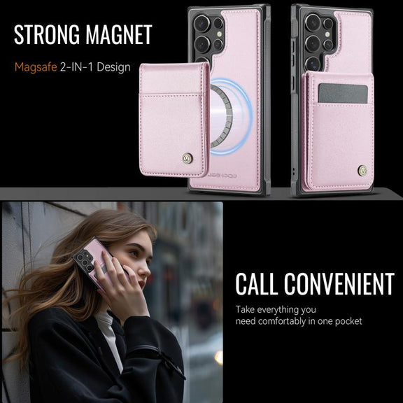 For Samsung Galaxy S25 Ultra 5G JEEHOOD J06 British Style RFID MagSafe Card Bag PU Phone Case(Pink)