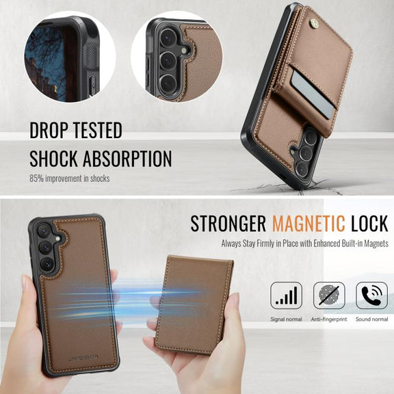 For Samsung Galaxy S25 5G JEEHOOD J06 British Style RFID MagSafe Card Bag PU Phone Case(Brown)