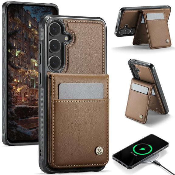 For Samsung Galaxy S25 5G JEEHOOD J06 British Style RFID MagSafe Card Bag PU Phone Case(Brown)