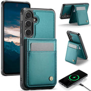For Samsung Galaxy S25 5G JEEHOOD J06 British Style RFID MagSafe Card Bag PU Phone Case(Green)