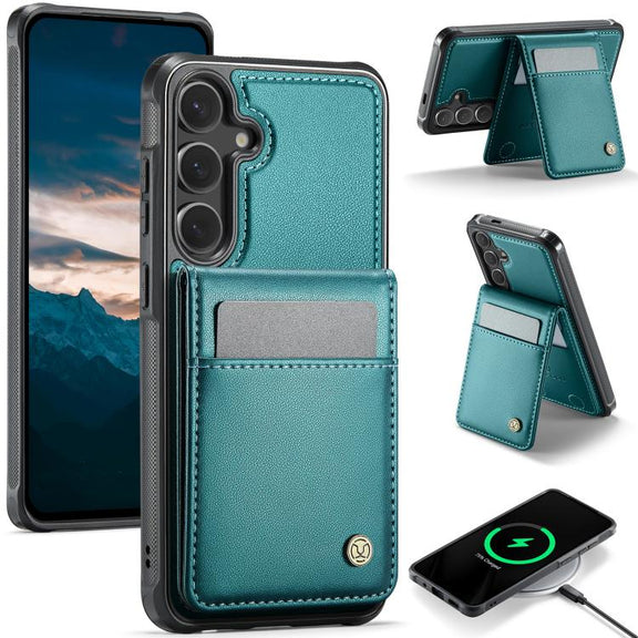 For Samsung Galaxy S25 5G JEEHOOD J06 British Style RFID MagSafe Card Bag PU Phone Case(Green)