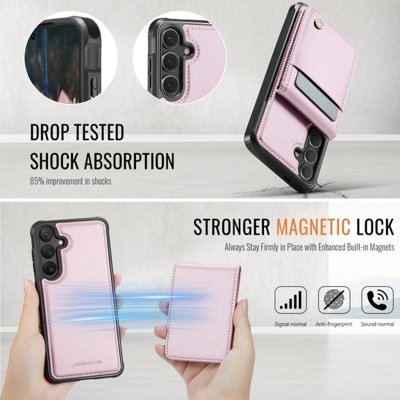 For Samsung Galaxy S25 5G JEEHOOD J06 British Style RFID MagSafe Card Bag PU Phone Case(Pink)