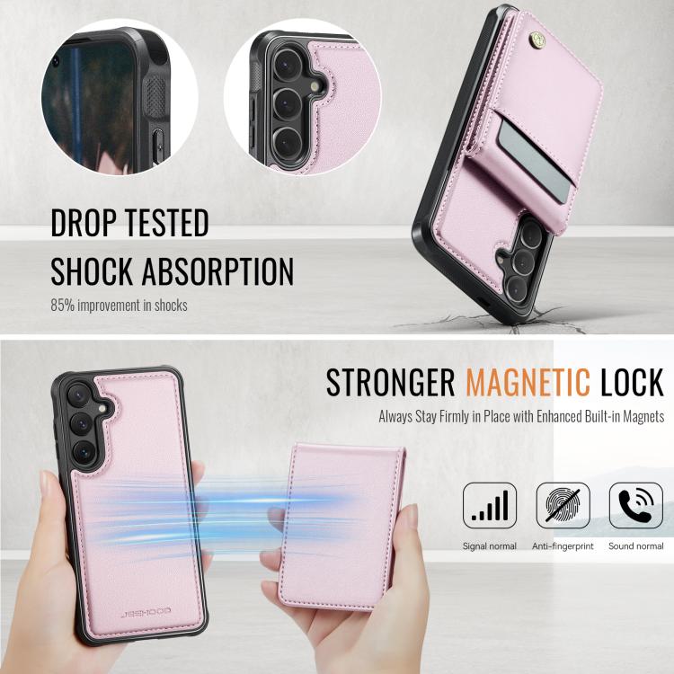 For Samsung Galaxy S25 5G JEEHOOD J06 British Style RFID MagSafe Card Bag PU Phone Case(Pink)