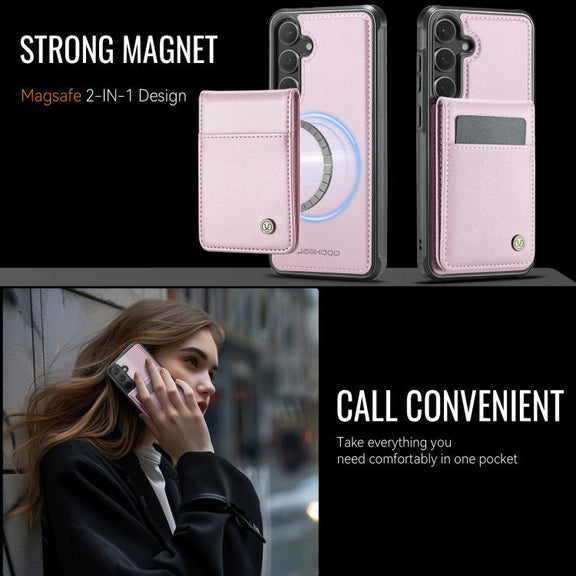 For Samsung Galaxy S25 5G JEEHOOD J06 British Style RFID MagSafe Card Bag PU Phone Case(Pink)