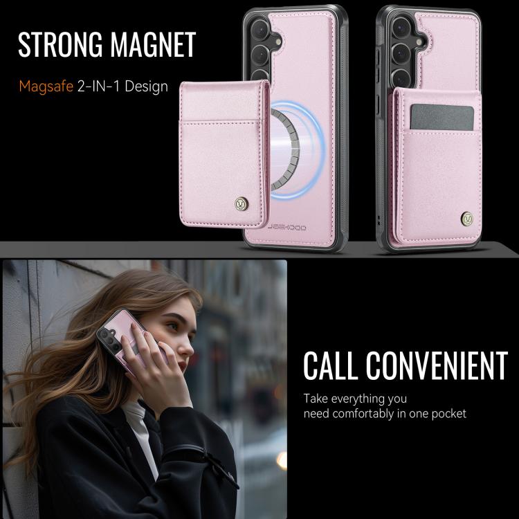For Samsung Galaxy S25 5G JEEHOOD J06 British Style RFID MagSafe Card Bag PU Phone Case(Pink)