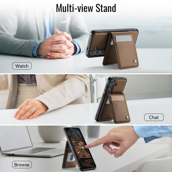 For Samsung Galaxy S25+ 5G JEEHOOD J06 British Style RFID MagSafe Card Bag PU Phone Case(Brown)