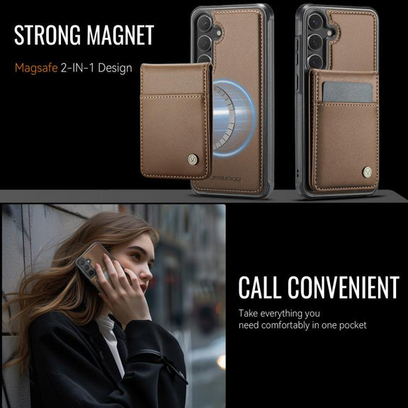 For Samsung Galaxy S25+ 5G JEEHOOD J06 British Style RFID MagSafe Card Bag PU Phone Case(Brown)