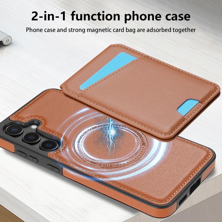 For Samsung Galaxy S25 5G Skin Feel Detachable Card Bag Magsafe Phone Case(Brown)