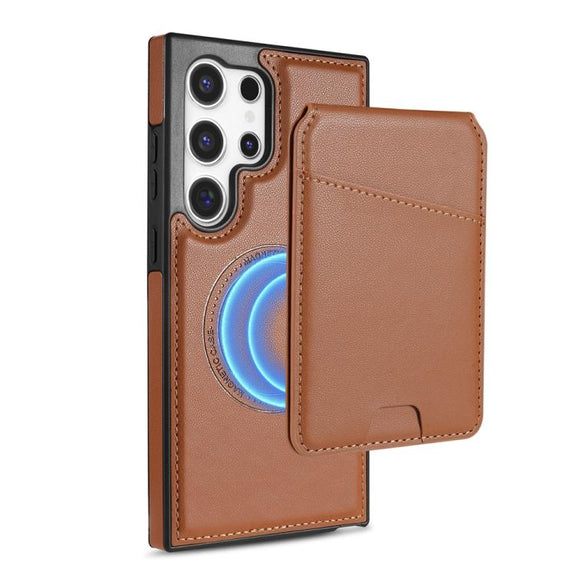 For Samsung Galaxy S25 Ultra 5G Skin Feel Detachable Card Bag Magsafe Phone Case(Brown)