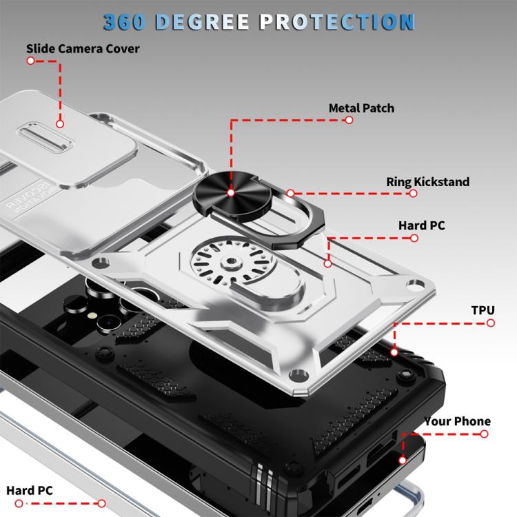 For Samsung Galaxy S25 Ultra 5G Sliding Camshield TPU Hybrid PC Phone Case with Holder(White+Black)