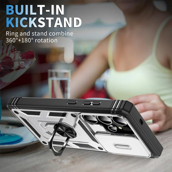 For Samsung Galaxy S25 Ultra 5G Sliding Camshield TPU Hybrid PC Phone Case with Holder(White+Black)