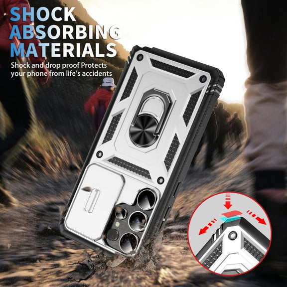For Samsung Galaxy S25 Ultra 5G Sliding Camshield TPU Hybrid PC Phone Case with Holder(White+Black)
