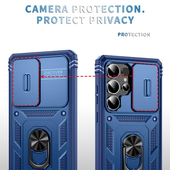 For Samsung Galaxy S25 Ultra 5G Sliding Camshield TPU Hybrid PC Phone Case with Holder(Navy Blue)