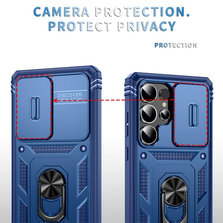 For Samsung Galaxy S25 Ultra 5G Sliding Camshield TPU Hybrid PC Phone Case with Holder(Navy Blue)