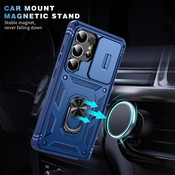 For Samsung Galaxy S25 Ultra 5G Sliding Camshield TPU Hybrid PC Phone Case with Holder(Navy Blue)