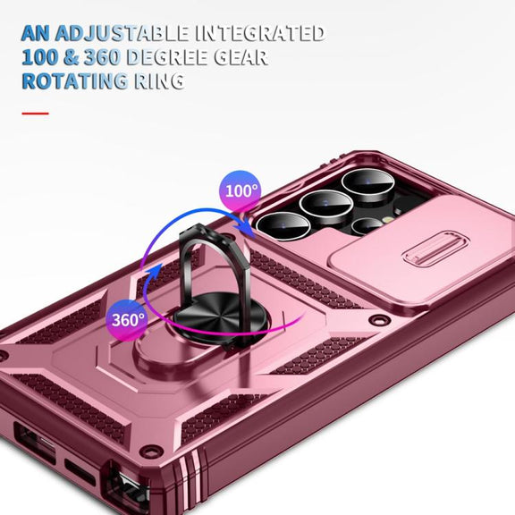 For Samsung Galaxy S25 Ultra 5G Sliding Camshield TPU Hybrid PC Phone Case with Holder(Pink+Rose Red)