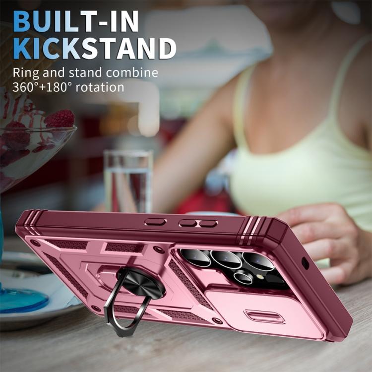 For Samsung Galaxy S25 Ultra 5G Sliding Camshield TPU Hybrid PC Phone Case with Holder(Pink+Rose Red)