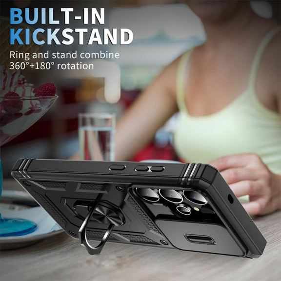 For Samsung Galaxy S25 Ultra 5G Sliding Camshield TPU Hybrid PC Phone Case with Holder(Black)