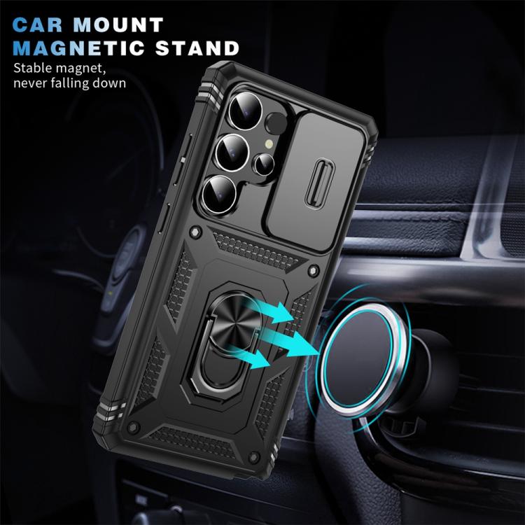 For Samsung Galaxy S25 Ultra 5G Sliding Camshield TPU Hybrid PC Phone Case with Holder(Black)