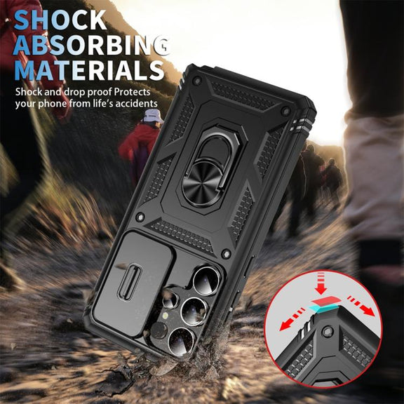 For Samsung Galaxy S25 Ultra 5G Sliding Camshield TPU Hybrid PC Phone Case with Holder(Black)