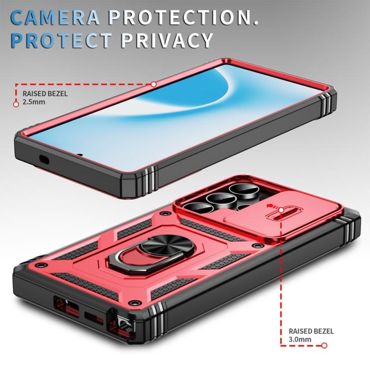For Samsung Galaxy S25 Ultra 5G Sliding Camshield TPU Hybrid PC Phone Case with Holder(Red+Black)