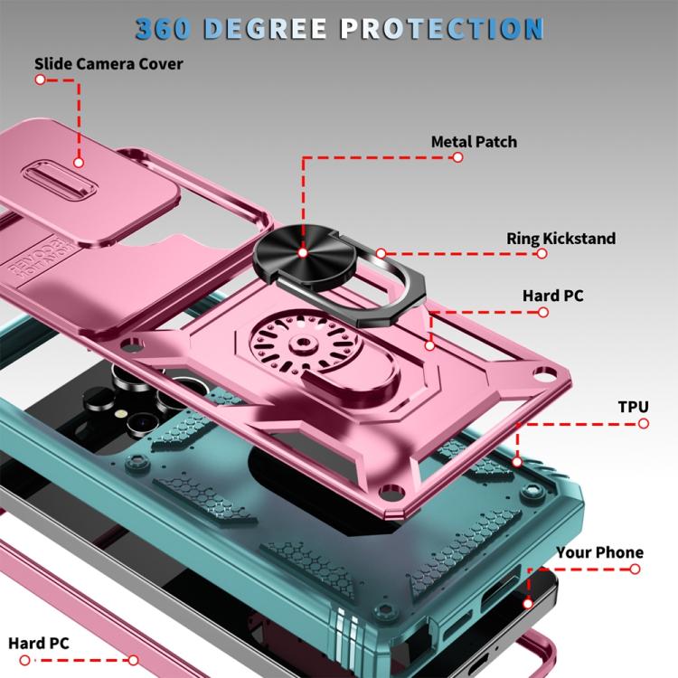 For Samsung Galaxy S25 Ultra 5G Sliding Camshield TPU Hybrid PC Phone Case with Holder(Green+Pink)