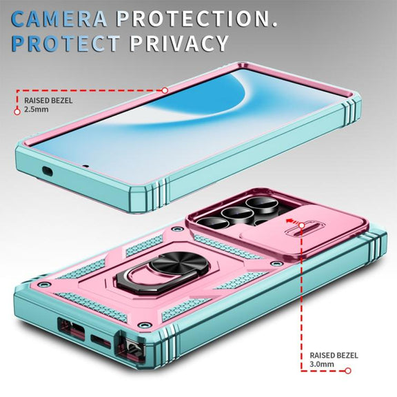 For Samsung Galaxy S25 Ultra 5G Sliding Camshield TPU Hybrid PC Phone Case with Holder(Green+Pink)