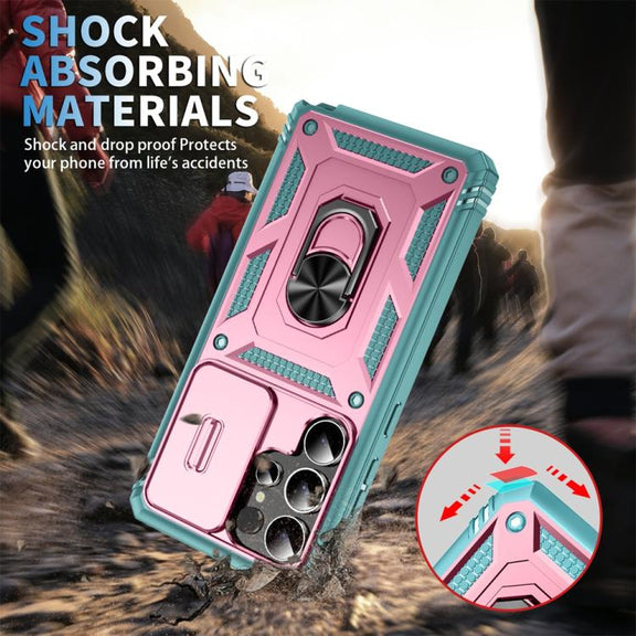 For Samsung Galaxy S25 Ultra 5G Sliding Camshield TPU Hybrid PC Phone Case with Holder(Green+Pink)