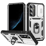 For Samsung Galaxy S25+ 5G Sliding Camshield TPU Hybrid PC Phone Case with Holder(White+Black)