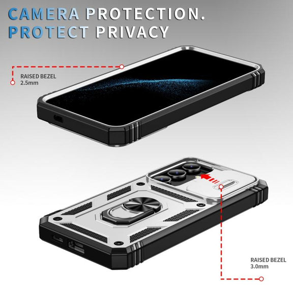 For Samsung Galaxy S25+ 5G Sliding Camshield TPU Hybrid PC Phone Case with Holder(White+Black)