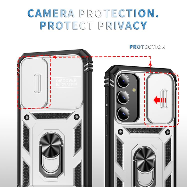 For Samsung Galaxy S25+ 5G Sliding Camshield TPU Hybrid PC Phone Case with Holder(White+Black)