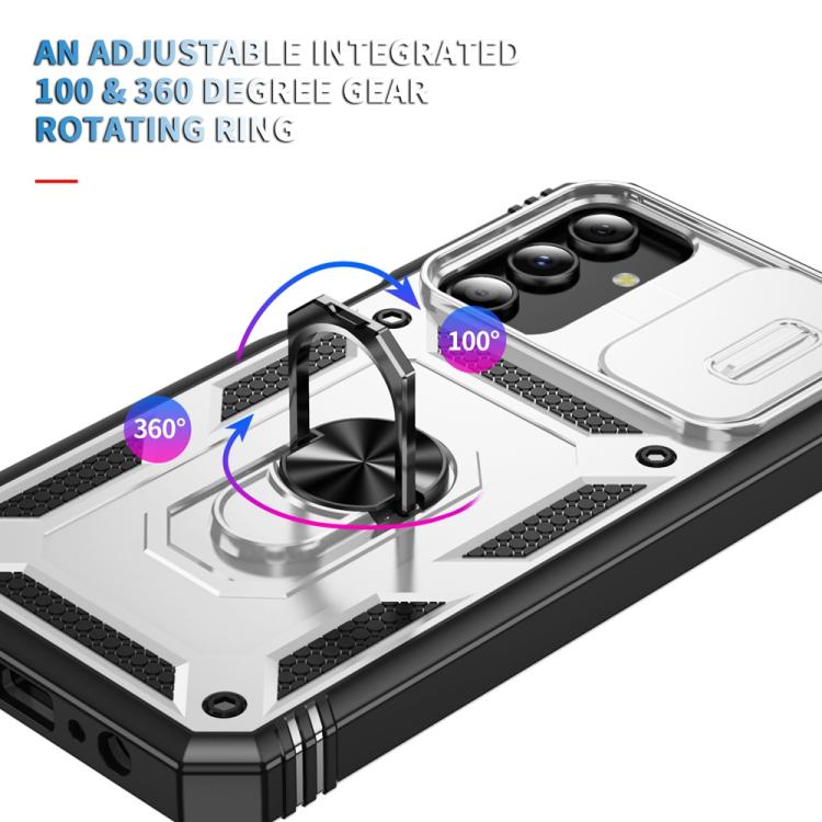 For Samsung Galaxy S25+ 5G Sliding Camshield TPU Hybrid PC Phone Case with Holder(White+Black)