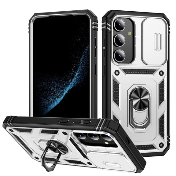 For Samsung Galaxy S25+ 5G Sliding Camshield TPU Hybrid PC Phone Case with Holder(White+Black)