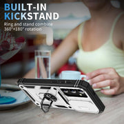 For Samsung Galaxy S25+ 5G Sliding Camshield TPU Hybrid PC Phone Case with Holder(White+Black)