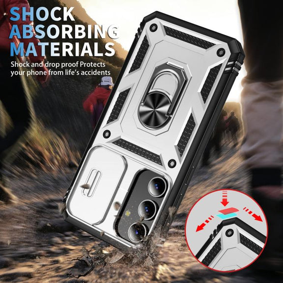 For Samsung Galaxy S25+ 5G Sliding Camshield TPU Hybrid PC Phone Case with Holder(White+Black)