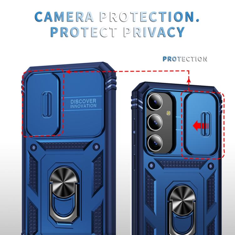 For Samsung Galaxy S25+ 5G Sliding Camshield TPU Hybrid PC Phone Case with Holder(Navy Blue)