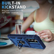 For Samsung Galaxy S25+ 5G Sliding Camshield TPU Hybrid PC Phone Case with Holder(Navy Blue)
