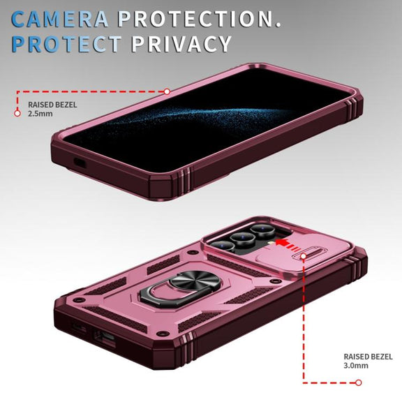 For Samsung Galaxy S25+ 5G Sliding Camshield TPU Hybrid PC Phone Case with Holder(Pink+Rose Red)