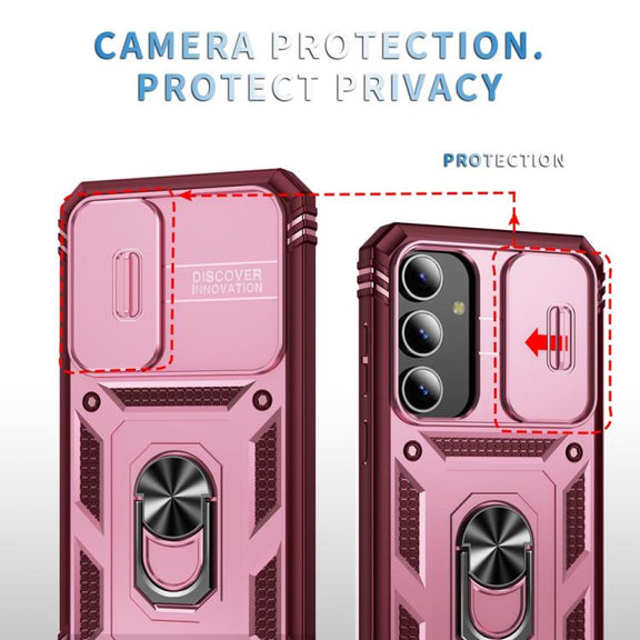 For Samsung Galaxy S25+ 5G Sliding Camshield TPU Hybrid PC Phone Case with Holder(Pink+Rose Red)