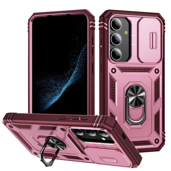 For Samsung Galaxy S25+ 5G Sliding Camshield TPU Hybrid PC Phone Case with Holder(Pink+Rose Red)