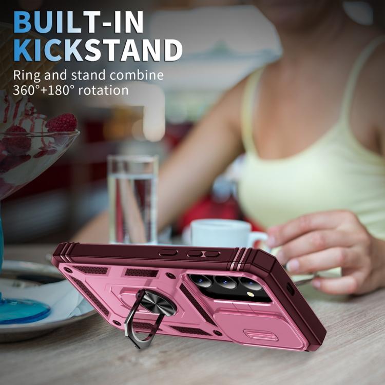 For Samsung Galaxy S25+ 5G Sliding Camshield TPU Hybrid PC Phone Case with Holder(Pink+Rose Red)