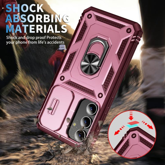 For Samsung Galaxy S25+ 5G Sliding Camshield TPU Hybrid PC Phone Case with Holder(Pink+Rose Red)